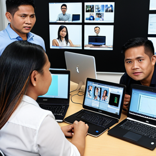 Home 15 **
A vibrant and diverse team of Filipino IT professionals collaborating on a software development project. Depict them in a modern office setting, using laptops and engaging in discussions with international clients via video conferencing. The image should convey both technical expertise and strong communication skills.
**