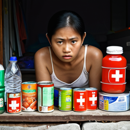 Home 13 **Prompt:** Emergency kit preparation, Thai family, water bottles, canned goods, flashlight, first aid kit, home environment, concerned expression, preparing for a disaster.