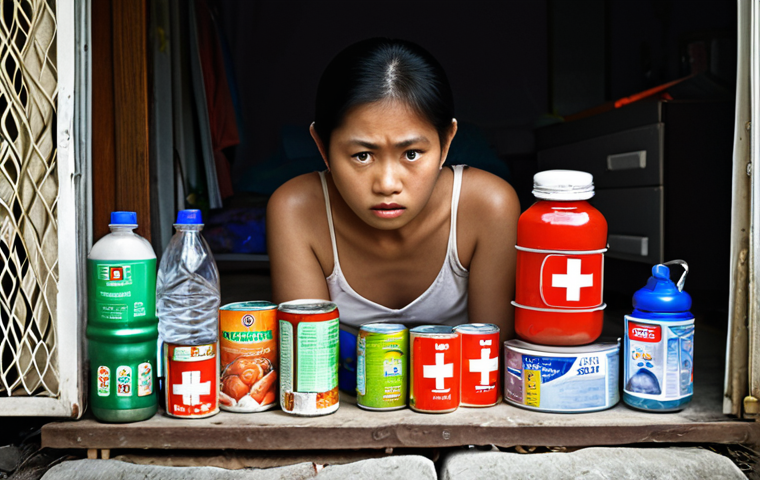 **Prompt:** Emergency kit preparation, Thai family, water bottles, canned goods, flashlight, first aid kit, home environment, concerned expression, preparing for a disaster.