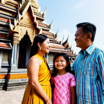 A multi-generational Filipino family, including parents, children, and grandparents, respectfully admiring the grandeur of a magnificent Thai temple, such as Wat Arun. They are all fully clothed in modest, culturally appropriate Thai-inspired attire, showcasing vibrant colors and traditional patterns. The scene is bathed in warm, soft daylight, with intricate temple architecture in the background. The family is captured in a natural, cohesive pose, smiling gently, expressing awe and appreciation for the culture. Professional photography, high quality, perfect anatomy, correct proportions, natural pose, well-formed hands, proper finger count, natural body proportions, safe for work, appropriate content, fully clothed, family-friendly.