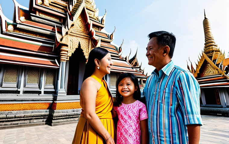 A multi-generational Filipino family, including parents, children, and grandparents, respectfully admiring the grandeur of a magnificent Thai temple, such as Wat Arun. They are all fully clothed in modest, culturally appropriate Thai-inspired attire, showcasing vibrant colors and traditional patterns. The scene is bathed in warm, soft daylight, with intricate temple architecture in the background. The family is captured in a natural, cohesive pose, smiling gently, expressing awe and appreciation for the culture. Professional photography, high quality, perfect anatomy, correct proportions, natural pose, well-formed hands, proper finger count, natural body proportions, safe for work, appropriate content, fully clothed, family-friendly.