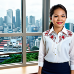 필리핀 주요 기업과 경제 - **Prompt:** A successful Filipina entrepreneur in a modern office. She is wearing a barong Tagalog (...