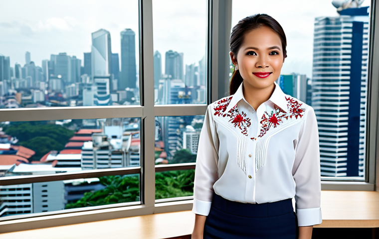 필리핀 주요 기업과 경제 - **Prompt:** A successful Filipina entrepreneur in a modern office. She is wearing a barong Tagalog (...